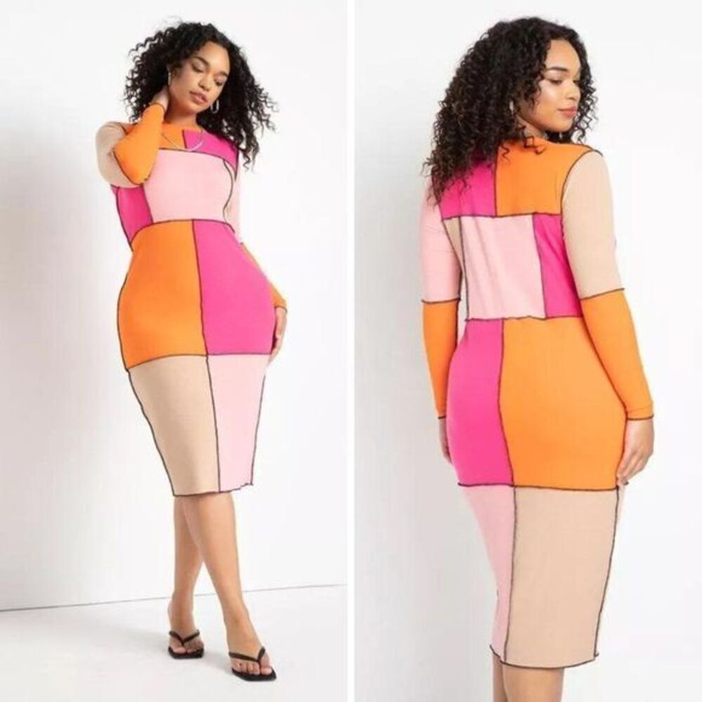 NEW Eloquii Patchwork midi Dress, pink and orange, 18/20